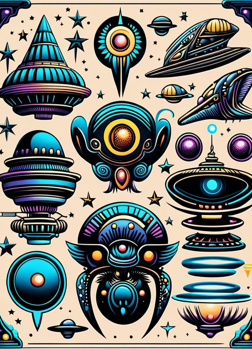 Alien Landing Tattoo Flash Sheet in Comic Book Style