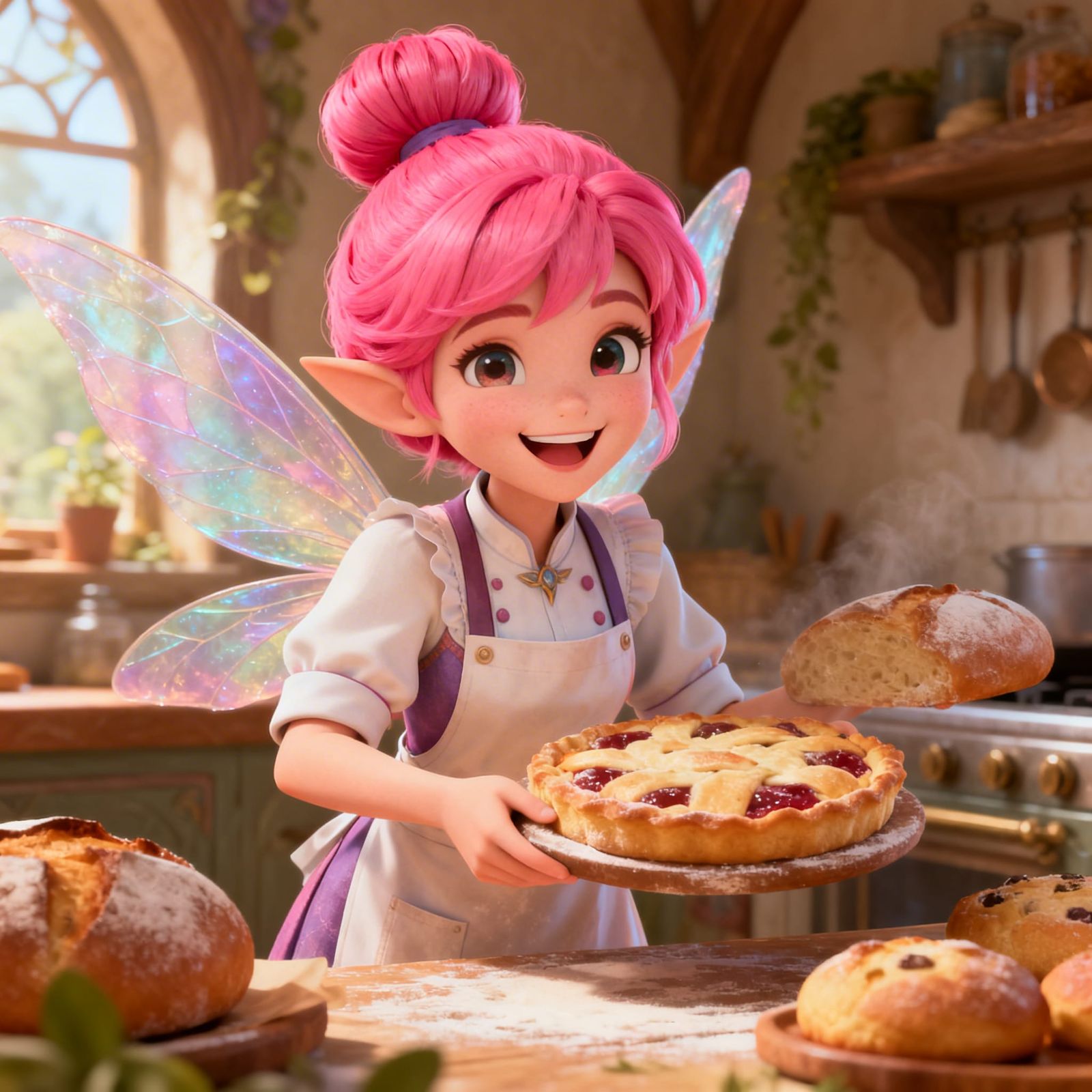 Happy Fairy Baker with Pink Hair in Anime 3D Style