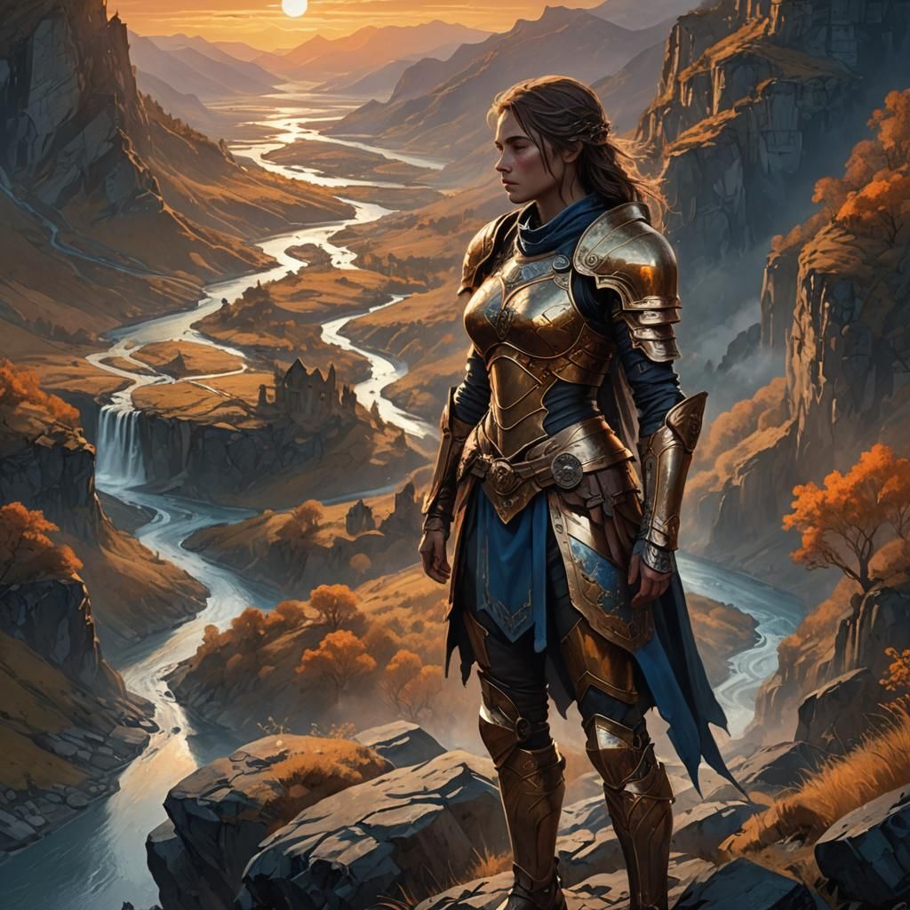 Armored Woman Overlooks Valley in Fantasy Concept Art