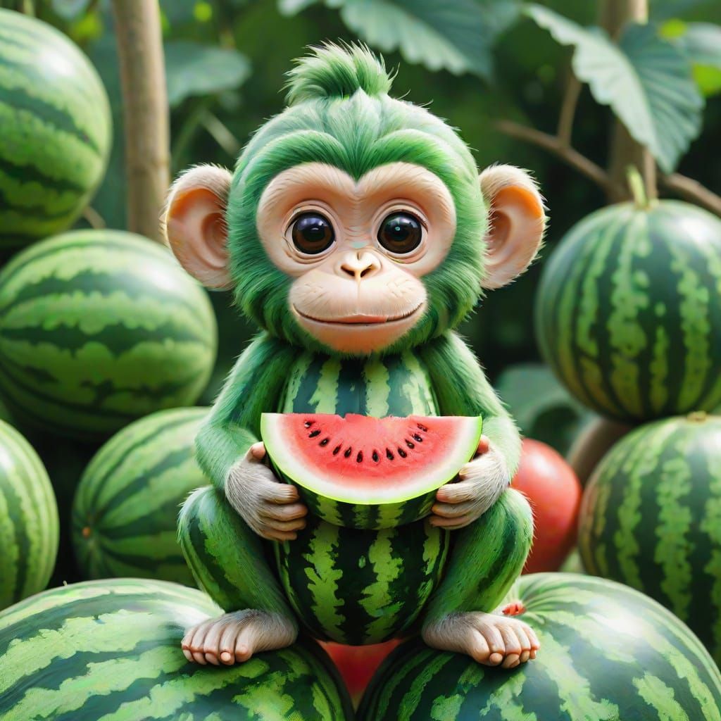 Playful Mini Monkey in a Vibrant Watermelon Wonderland