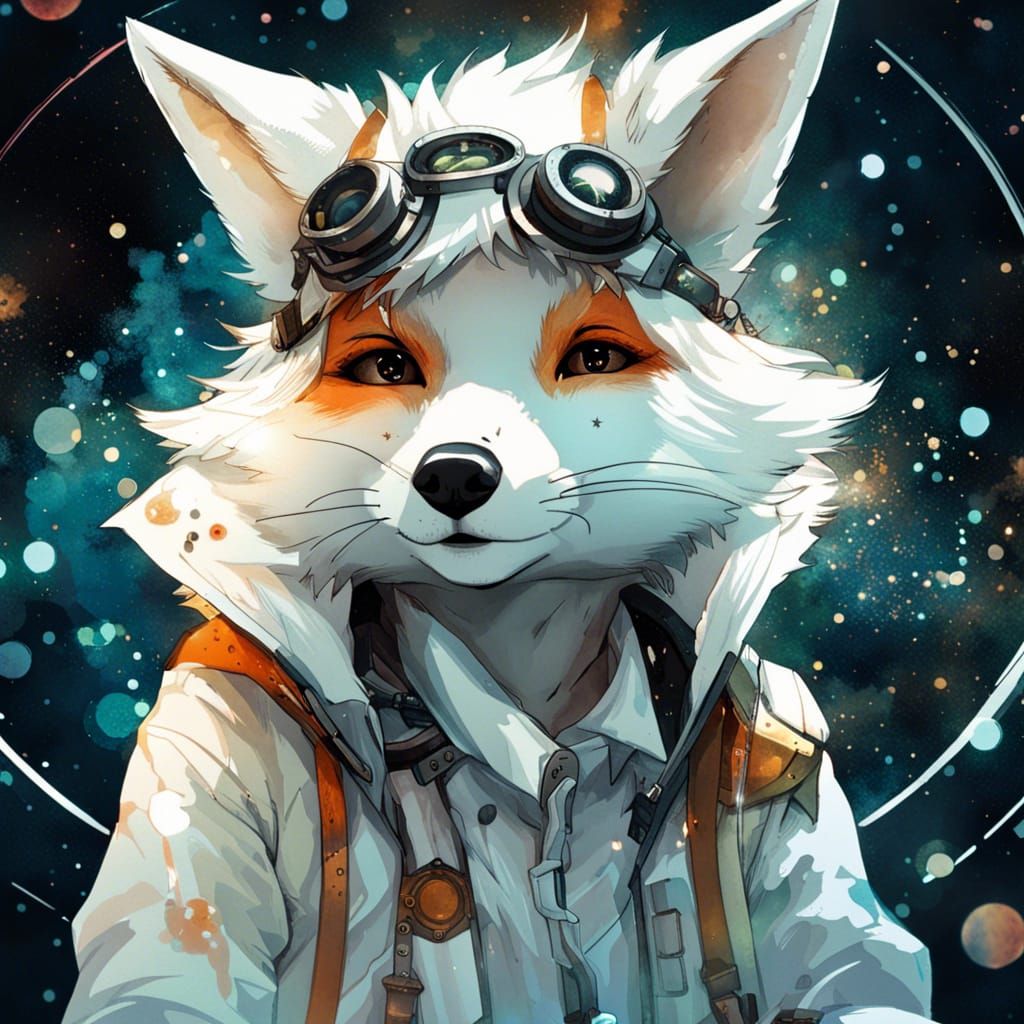 Steampunk White Fox Portrait in Anime Style
