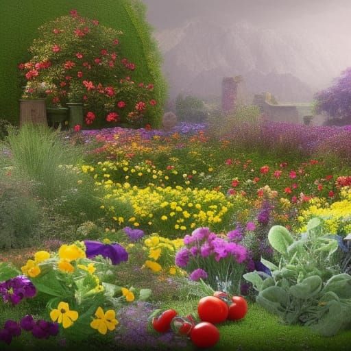 Detailed Colorful Garden Digital Matte Painting