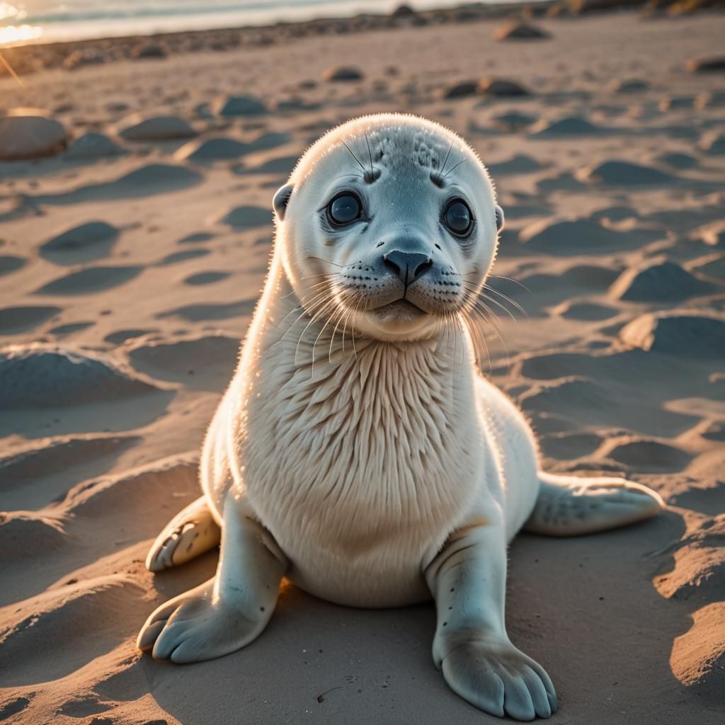 Adorable White Seal with Blue Eyes at Twilight