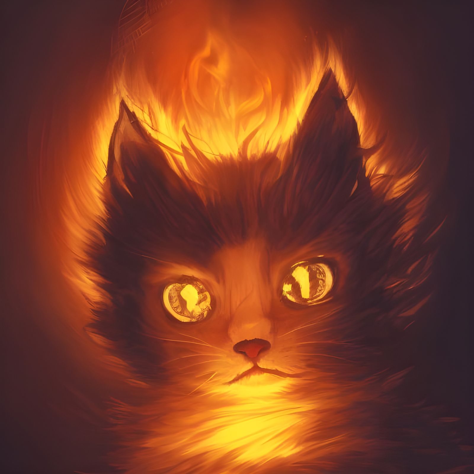 Demonic Kitten with Flaming Fur in Dark Cave