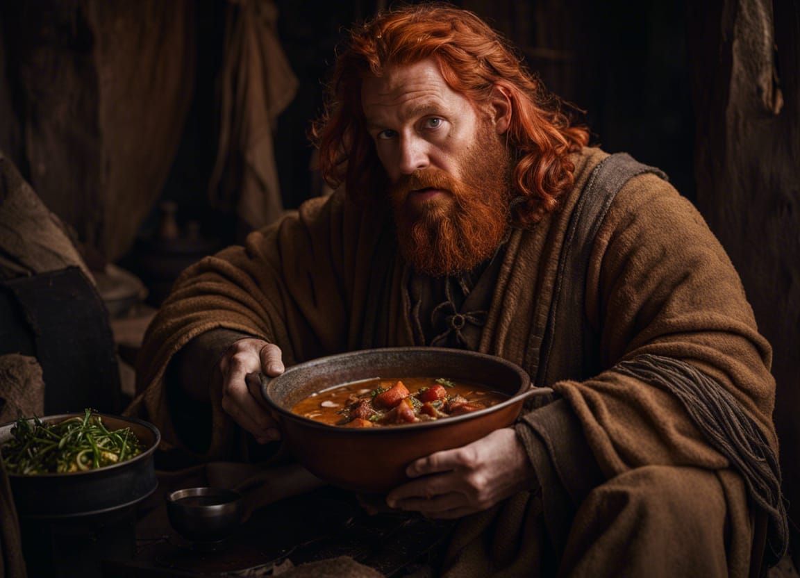 Hairy Man with Stew: Cinematic Portrait