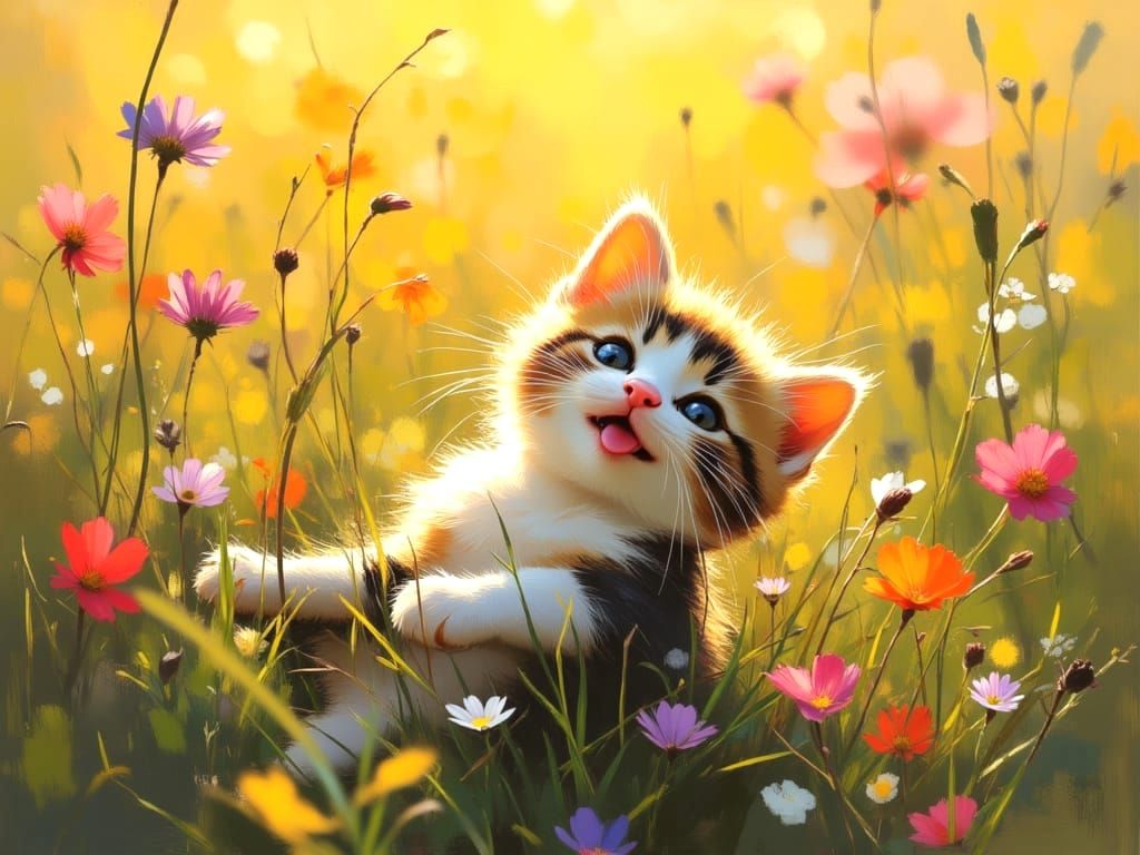 Playful Kitten Enjoys Sunshine in Wildflowers