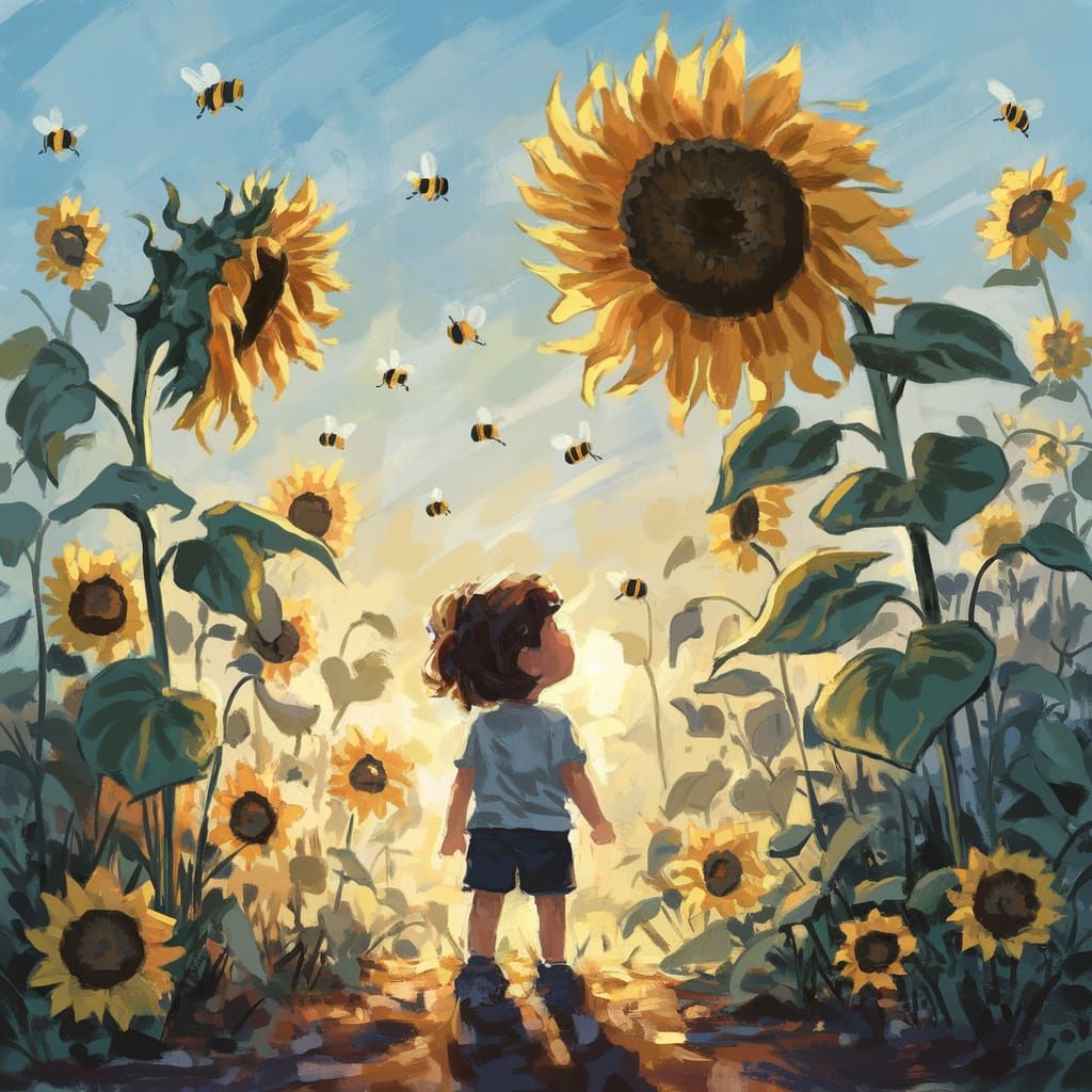 Child Contemplates Sunflowers in Golden Light