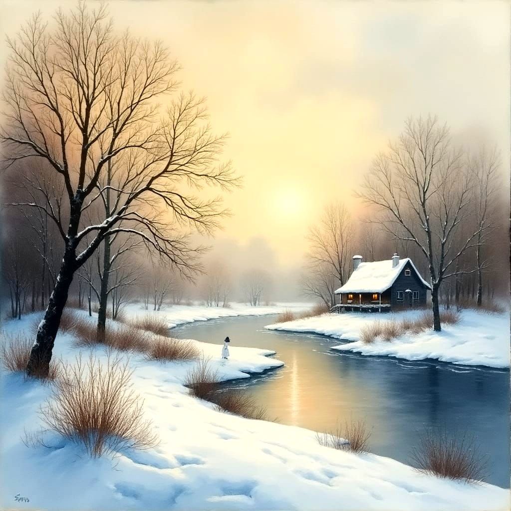 Serene Winter Cottage in Antique Watercolor Style