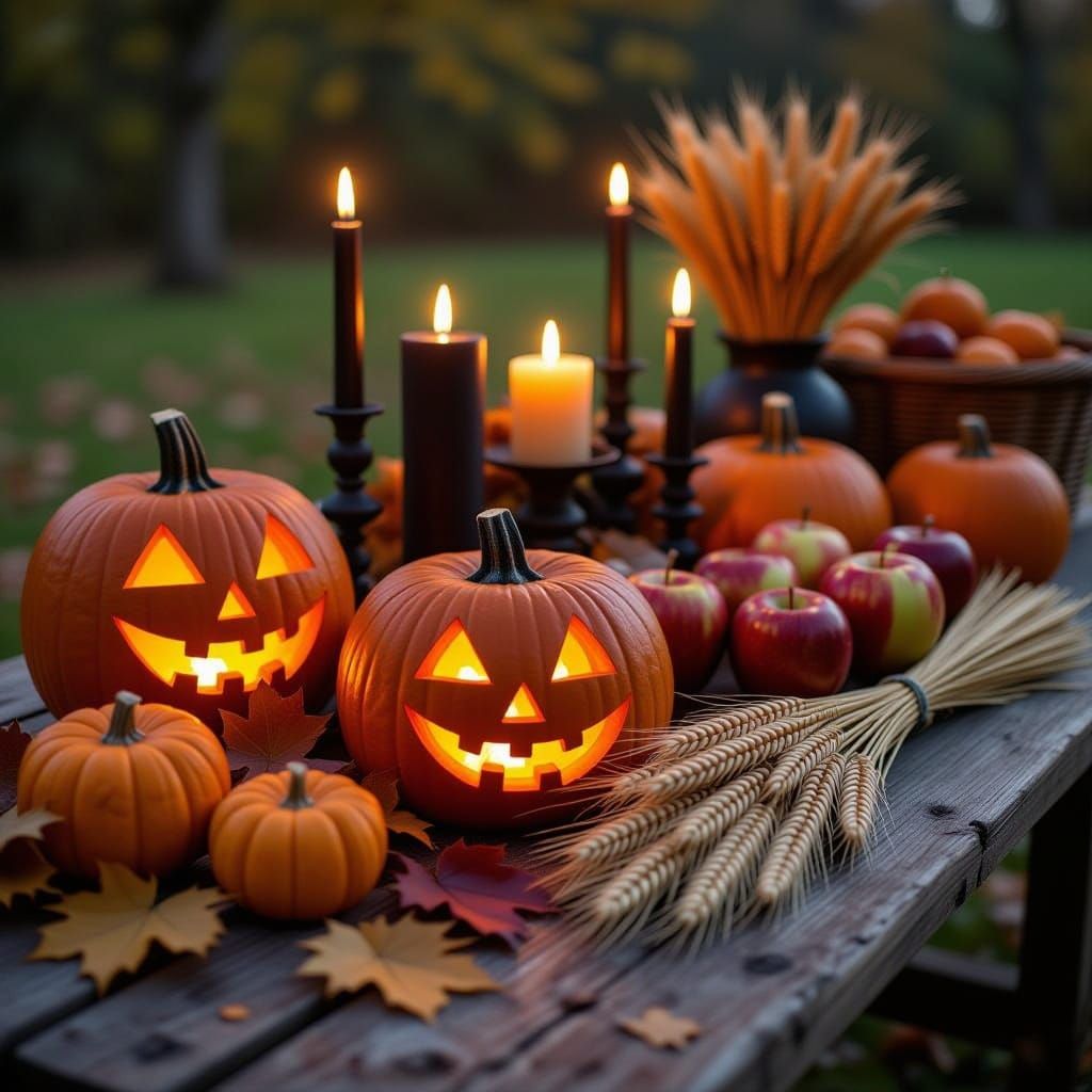 Samhain Table Setting with Pumpkins and Candles