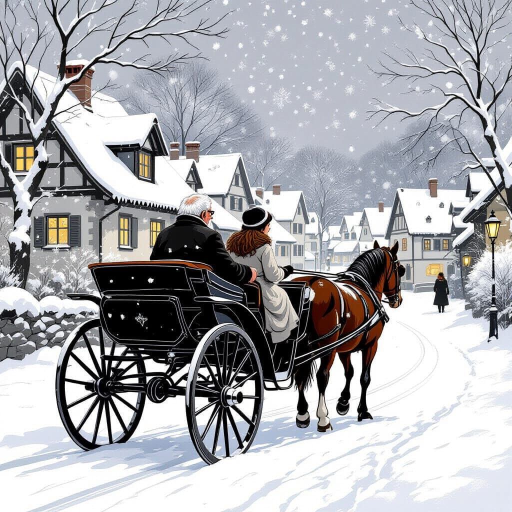 Art Nouveau Grandfather and Granddaughter in Snowy Village