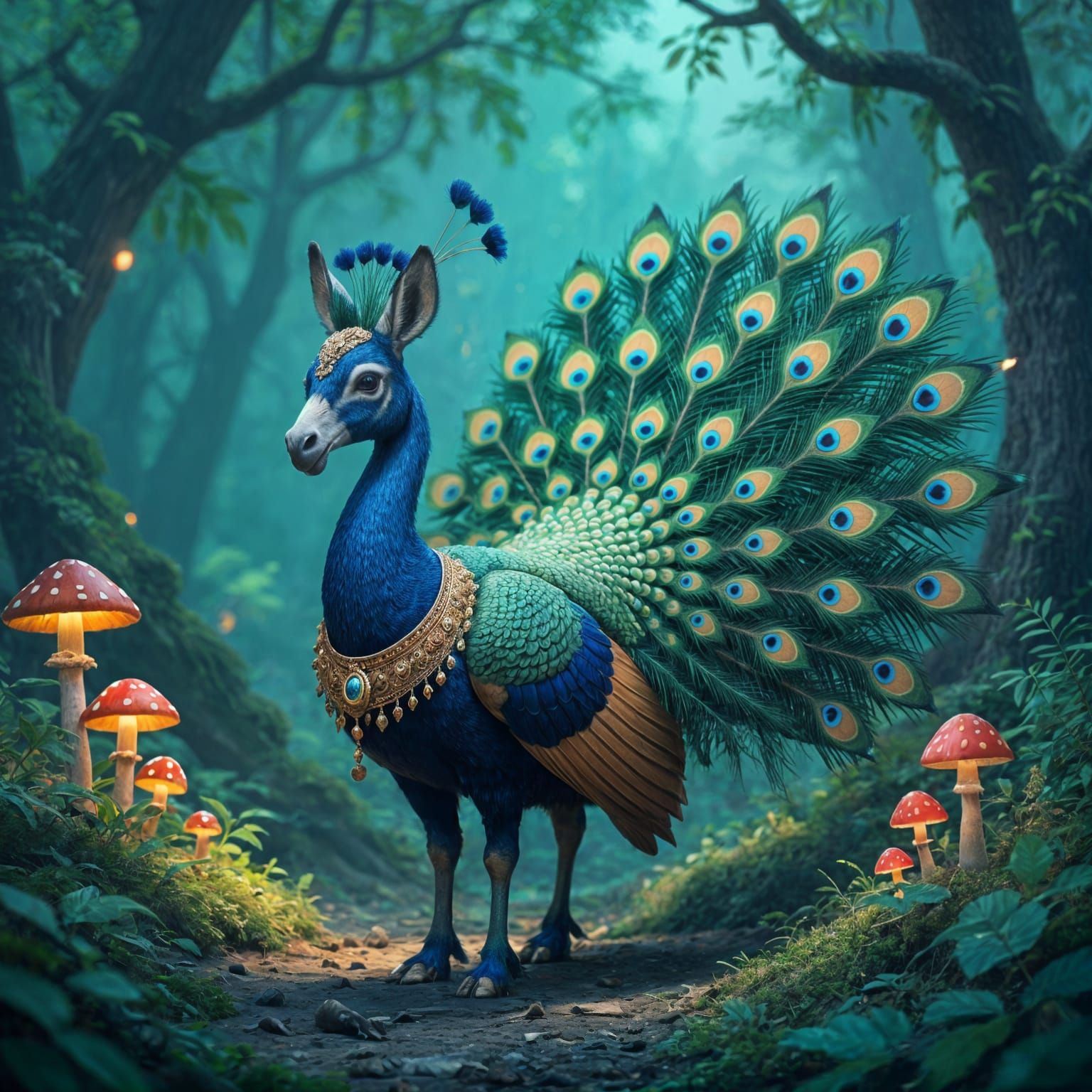 Donkey-Headed Peacock in Enchanted Forest