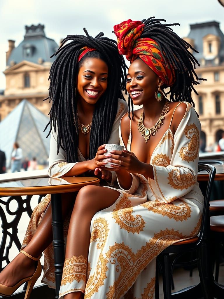 Twin Women Enjoying Coffee at Parisian Café