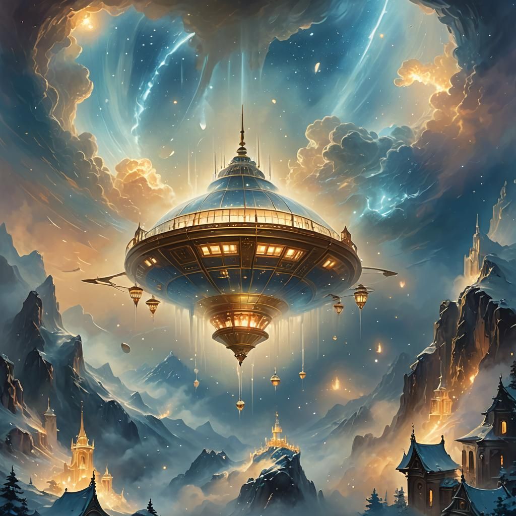 Ethereal Spaceship Drifting Through Misty Nebula