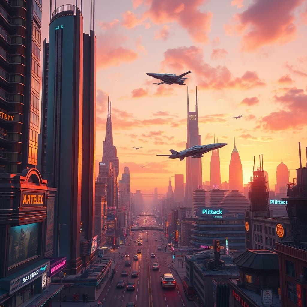 Futuristic Cityscape at Dusk in Digital Painting Style