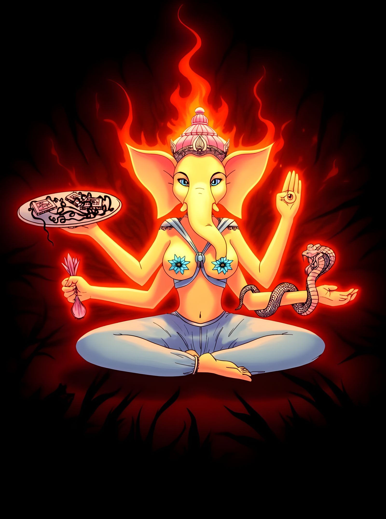 Figure in Light Colors with Vibrant Flame Aura