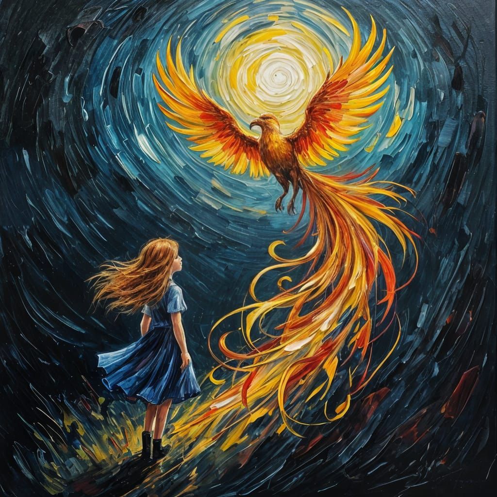 Fiery Phoenix and Redhead Ascend in Dark, Expressive Oil Pai...