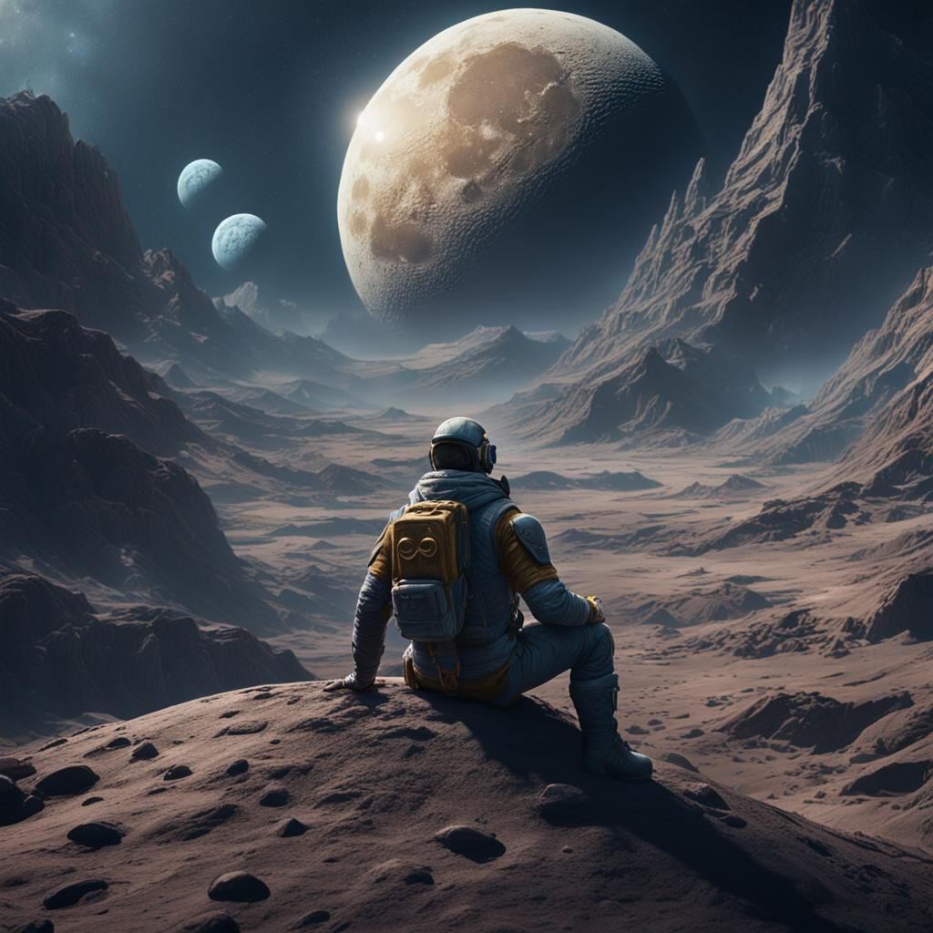 Man Sitting on the Moon: Detailed Matte Painting