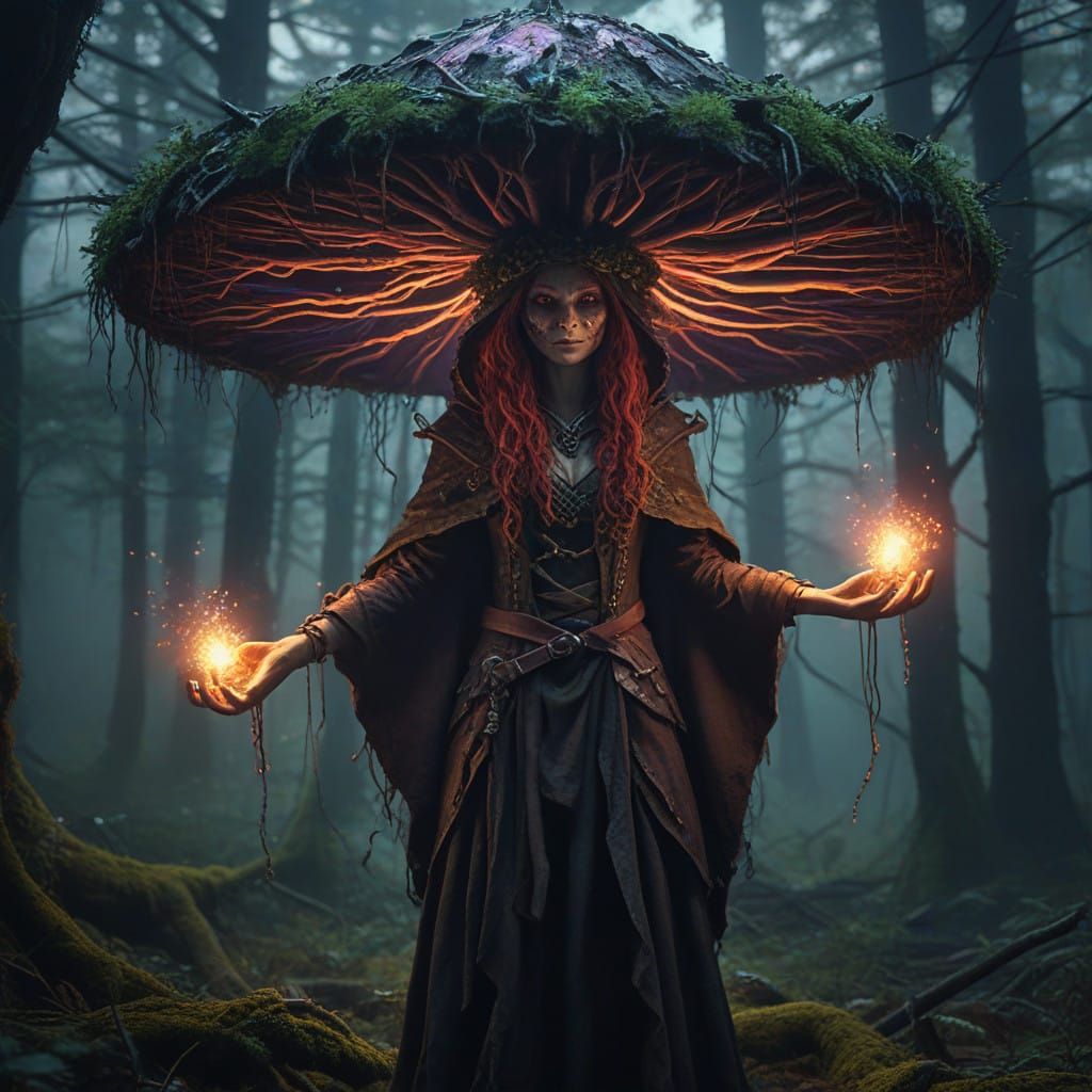 Mystical Redhead Troll Witch in Dark Fantasy Landscape