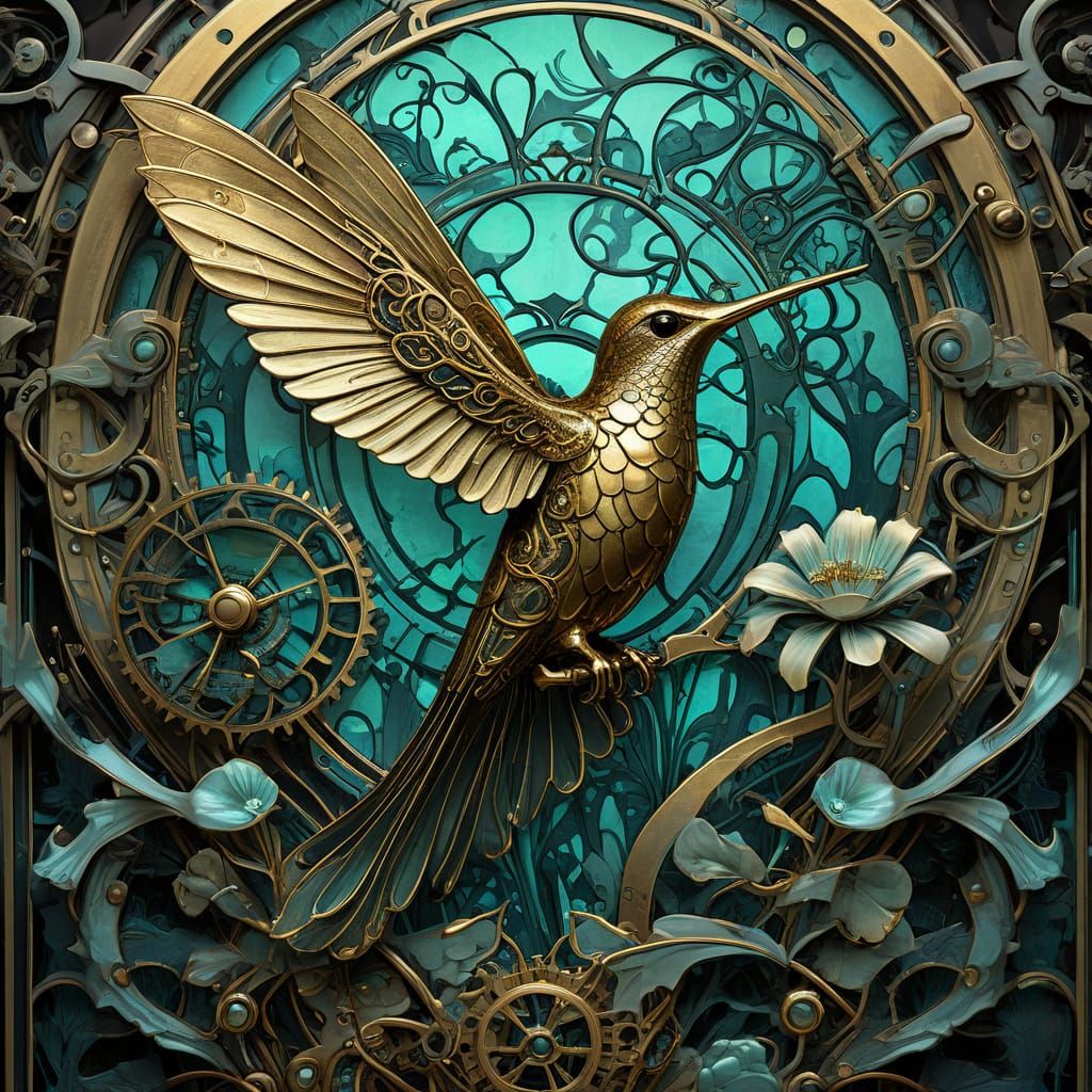 Mechanical Hummingbird on Bioluminescent Flower in Steampunk...