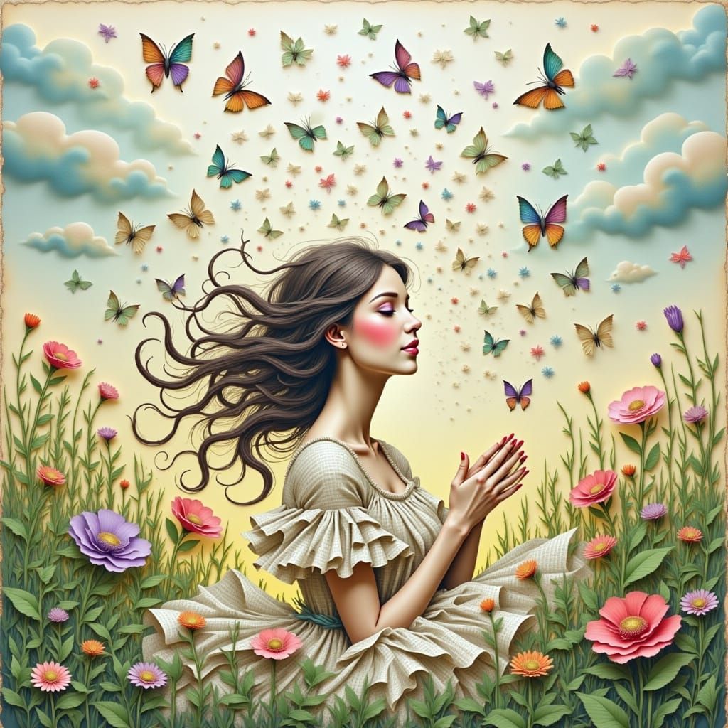 Whimsical Woman with Butterfly Cascade, Mixed Media Style