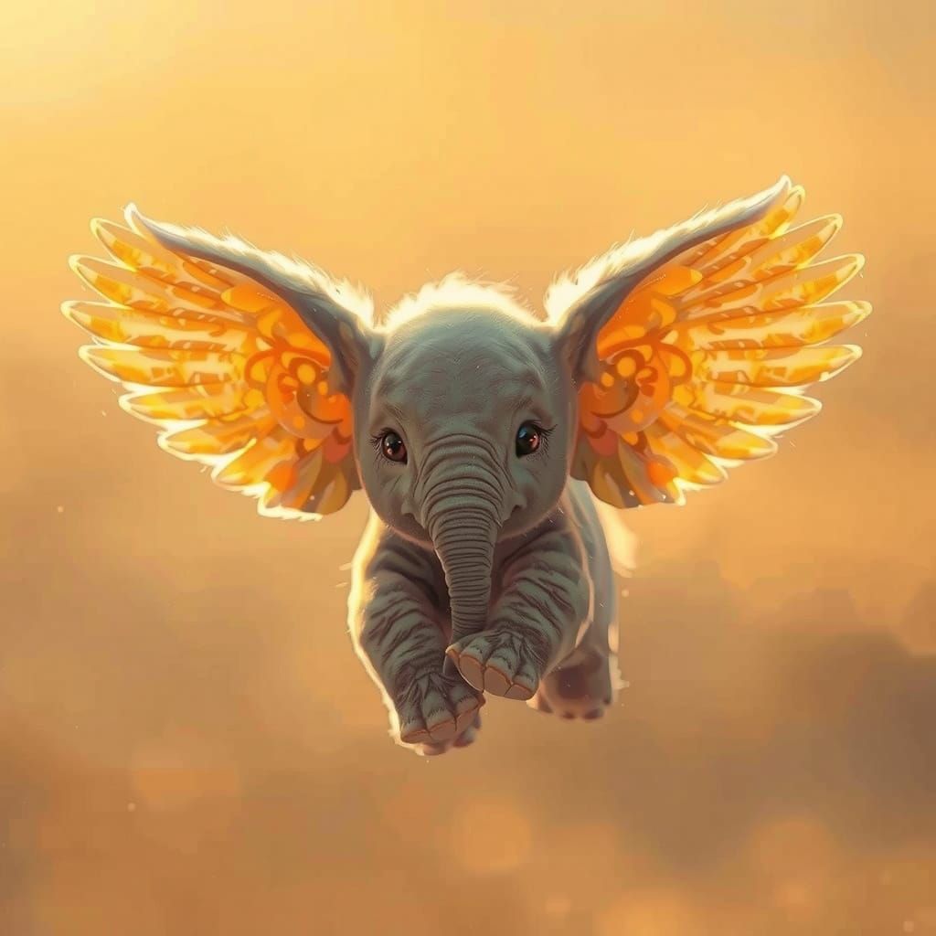 Surreal, Hyper-Realistic Elephant Leaps with Glowing Eagle W...