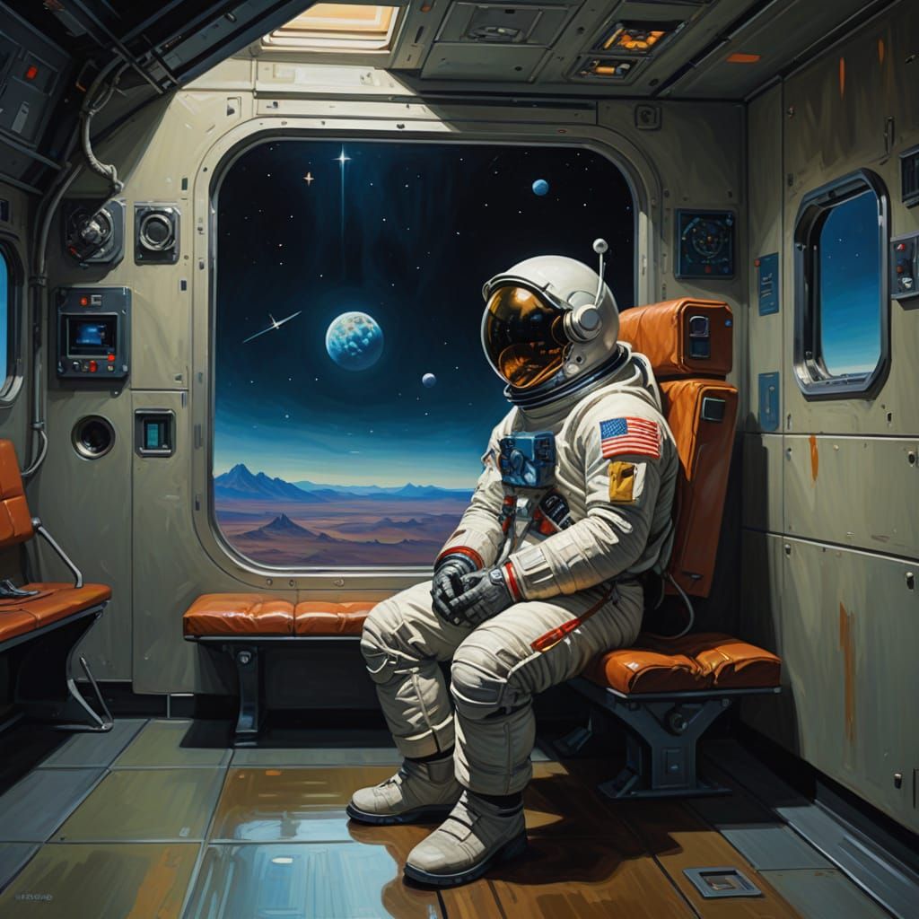 Astronaut's Cosmic Loneliness: Edward Hopper Style Oil Paint...