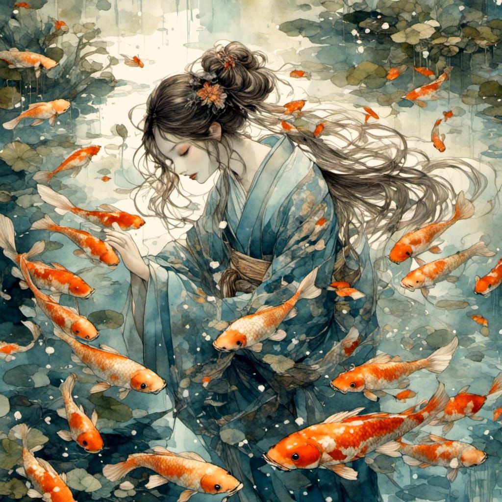 Woman in Kimono Feeding Koi Fish