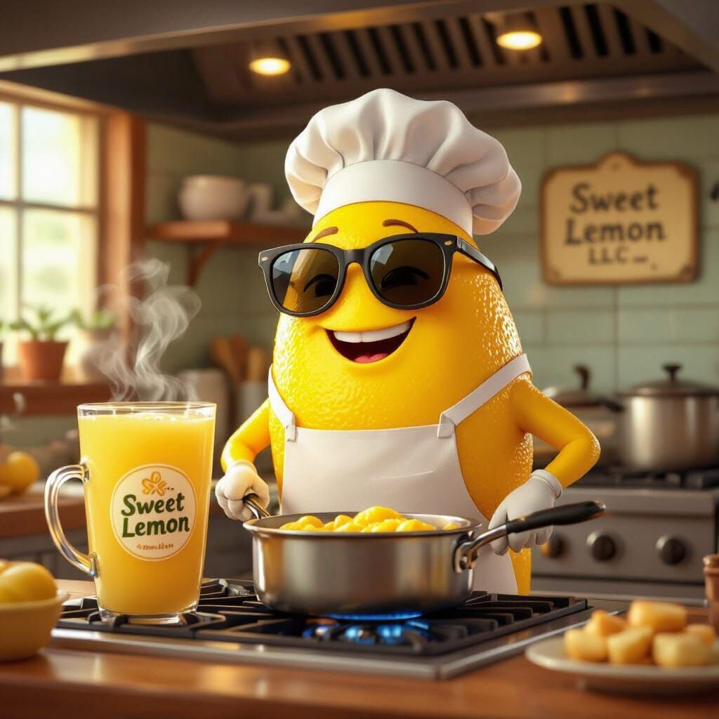 Anthropomorphic Lemon Chef Cooking Soul Food in Kitchen