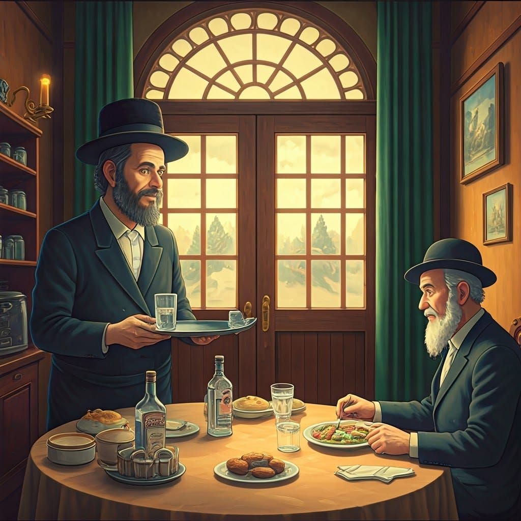 Vintage Restaurant Scene: Hasidic Jew Servant and Patron