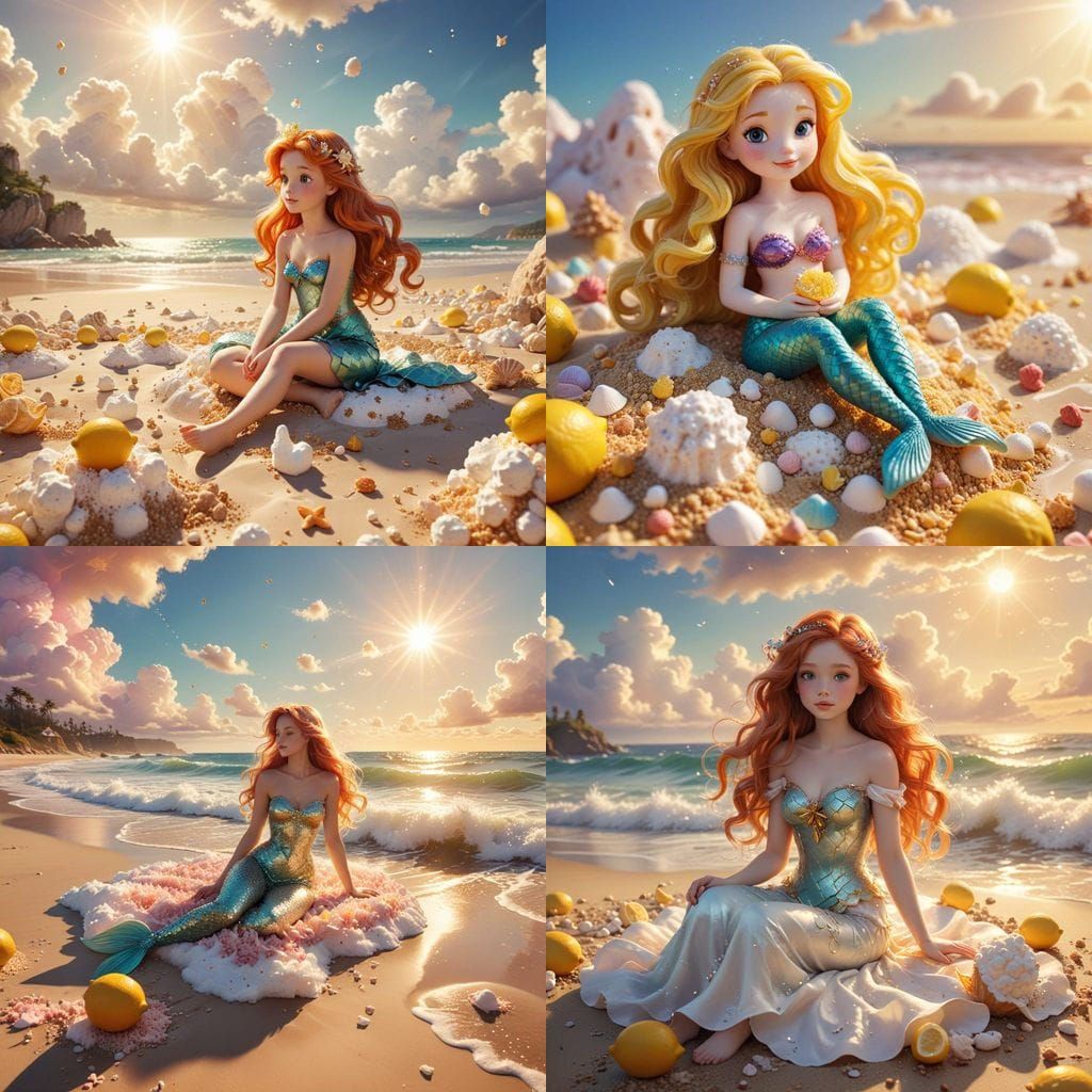 Whimsical Little Mermaid Amidst Lemon Sun and Marshmallow Cl...