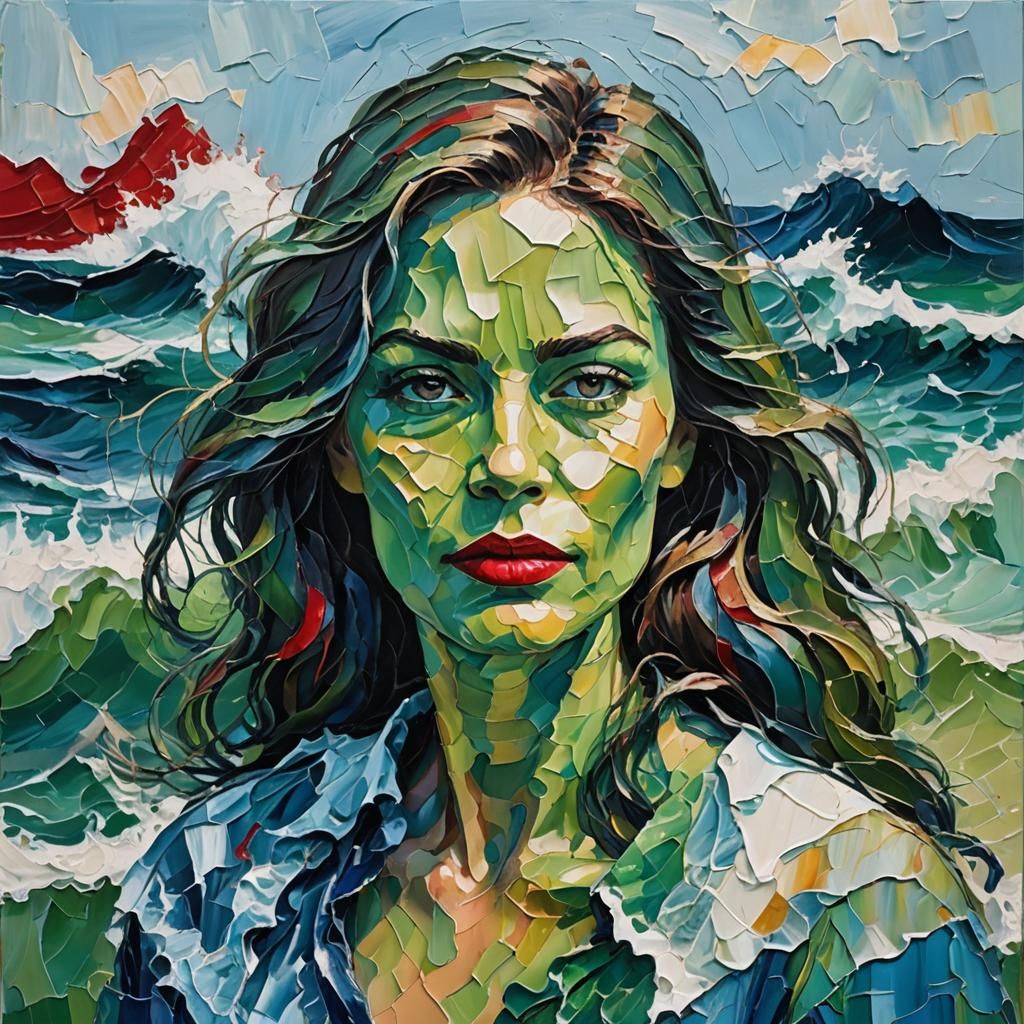 Abstract Female Impasto Portrait with Ocean Waves