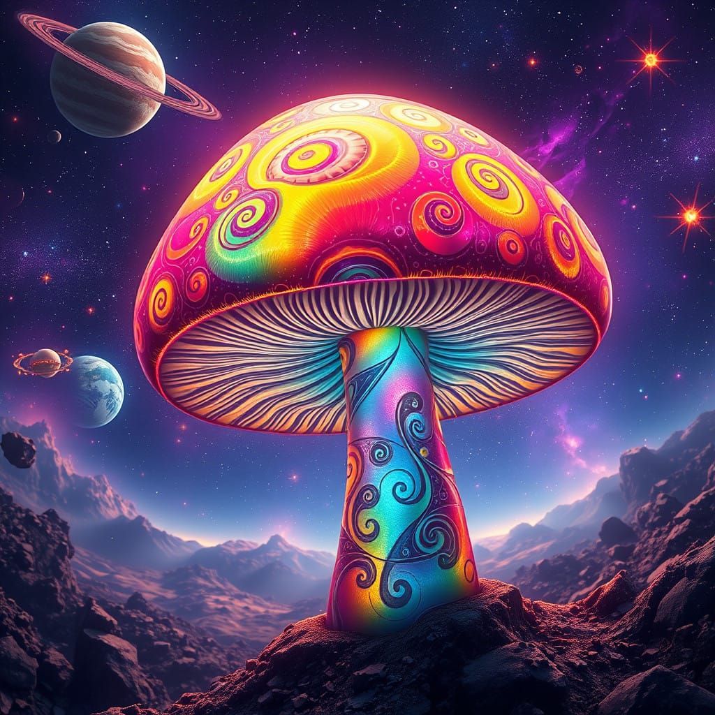 Cosmic Mushroom in Vibrant Space Odyssey