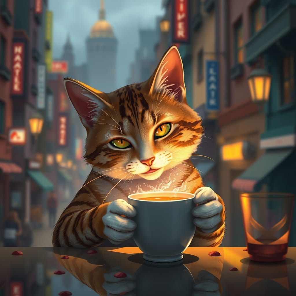 Feline Coffee Connoisseur in Vibrant City Square