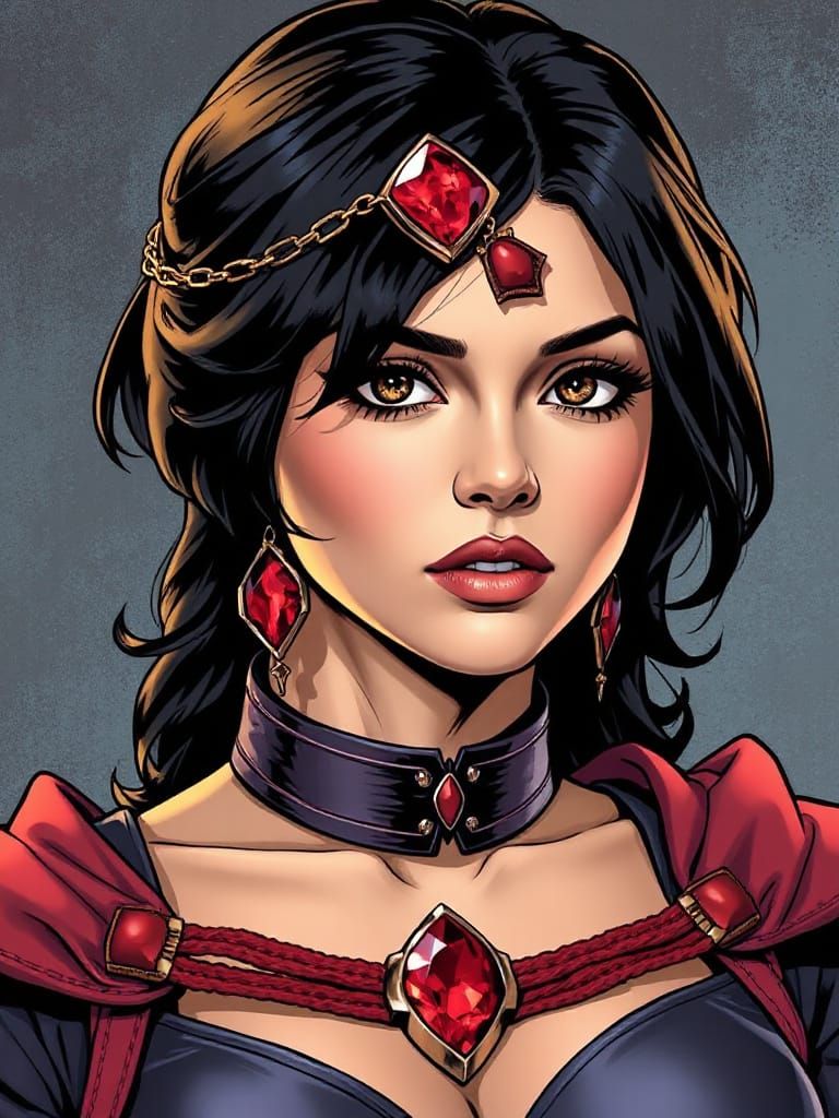 Raven Superheroine with Red Soulstone Amulet in Comic Style