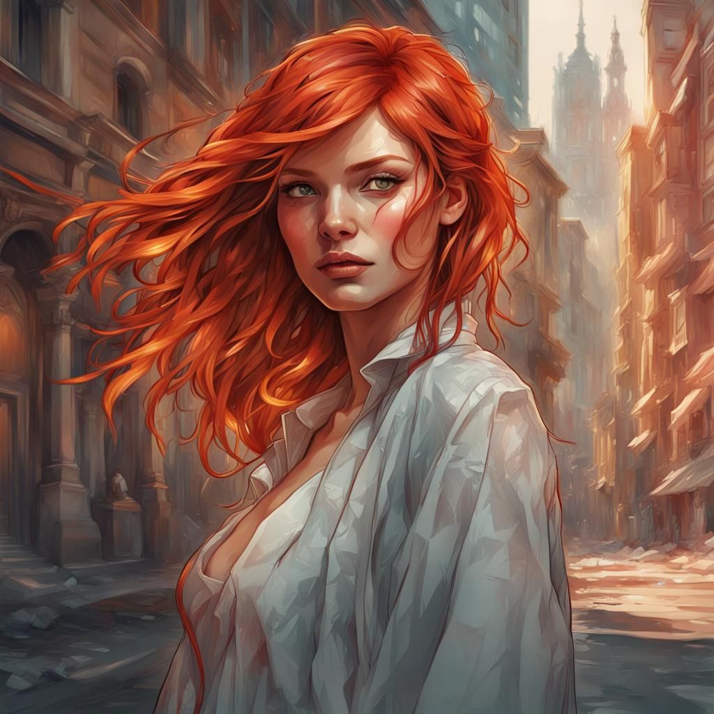 Red Haired Woman in City, Detailed Illustration