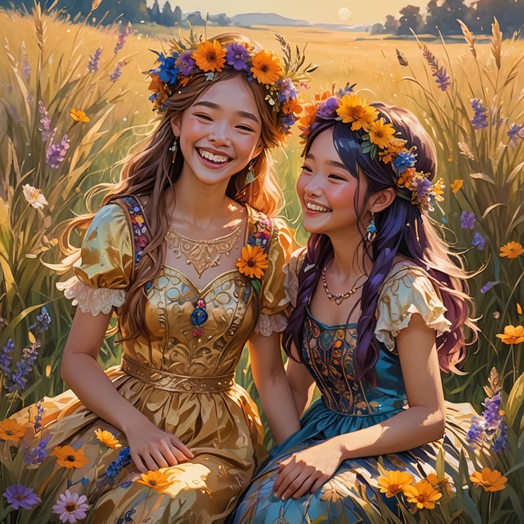 Girls Laughing in Sunlit Meadow, Fantasy Concept Art