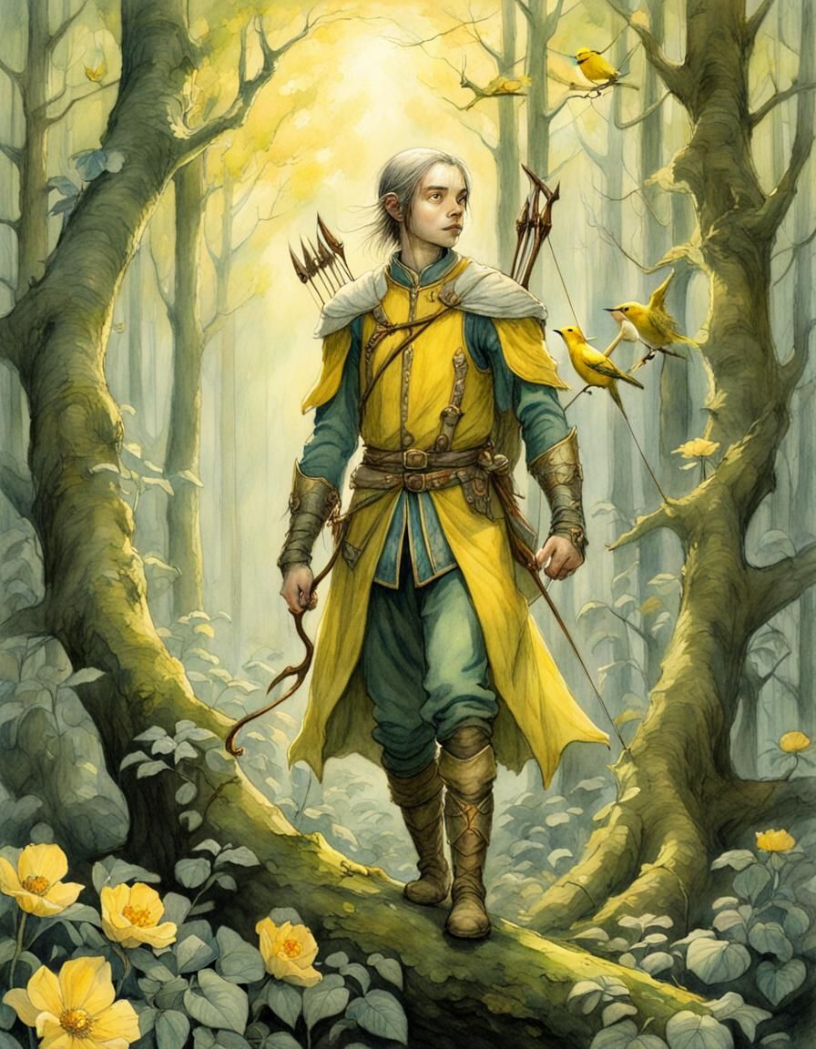 Ethereal Elven Archer in Majestic Forest, Sunlit Blooms, and...