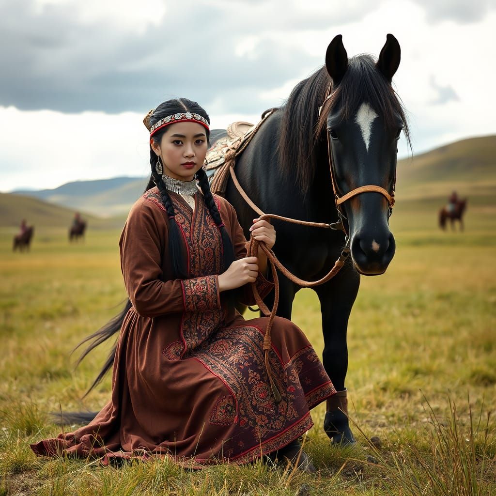 Mongolian Woman with Horse on Grassy Steppe