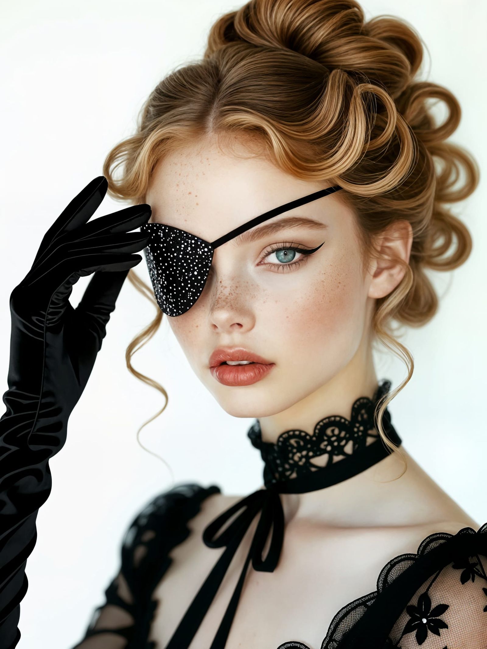 French Woman With Glitter Eyepatch In Chiffon Dress