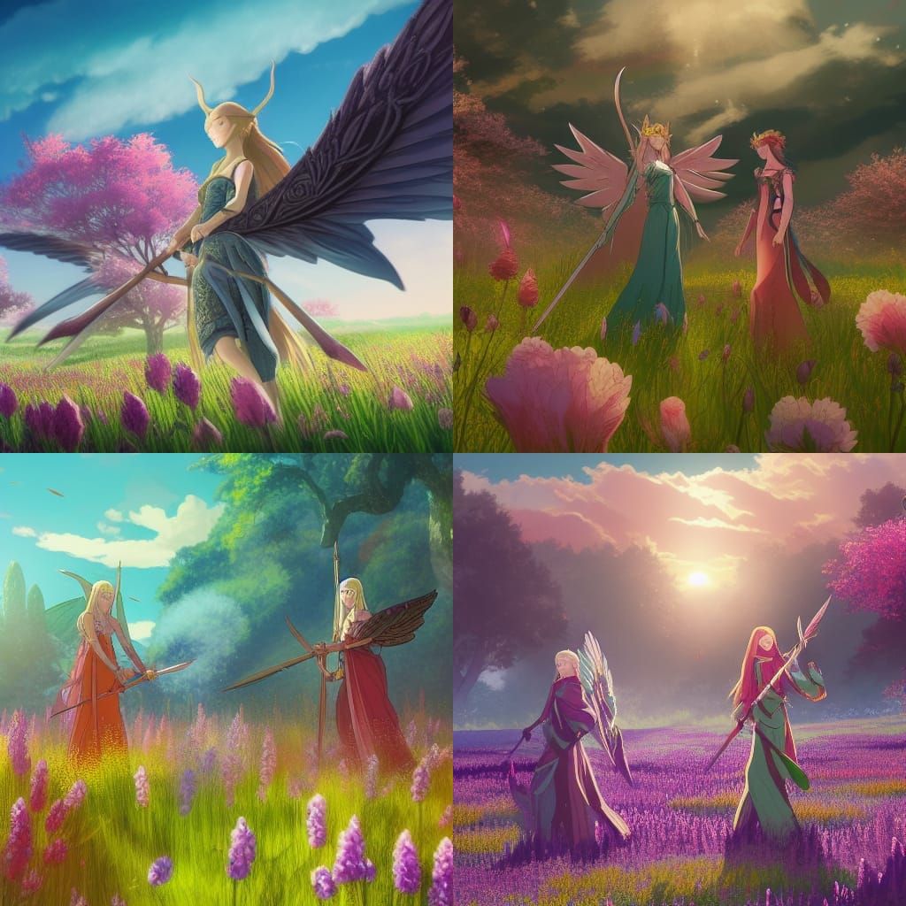 Elven Warrior Queens Battle at Dawn: Ghibli-Inspired