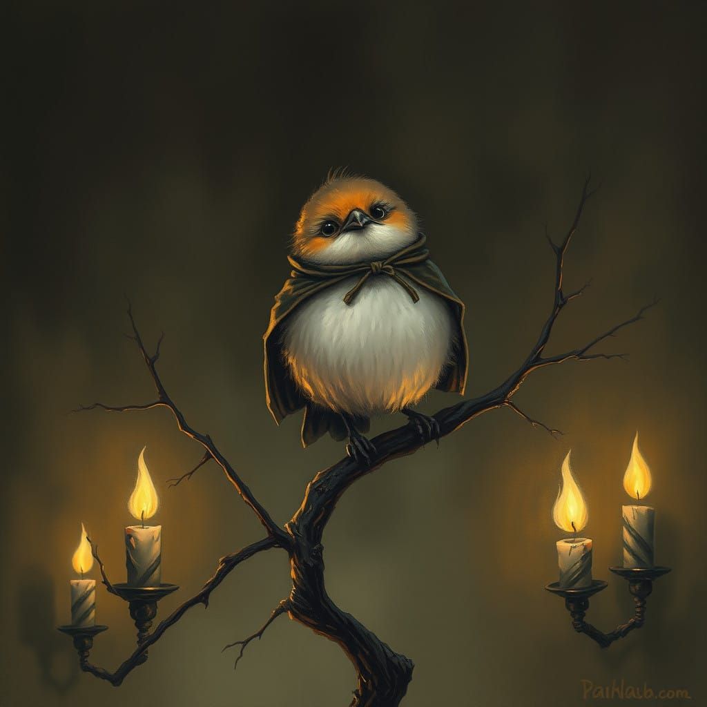 Mysterious Bird in Haunting Candlelit Landscape