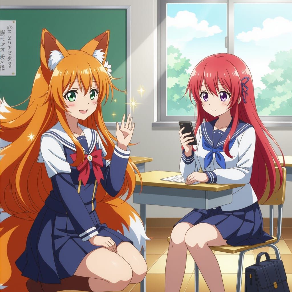 Anime Fox Girl Waving in School Classroom, 3D Anime Art