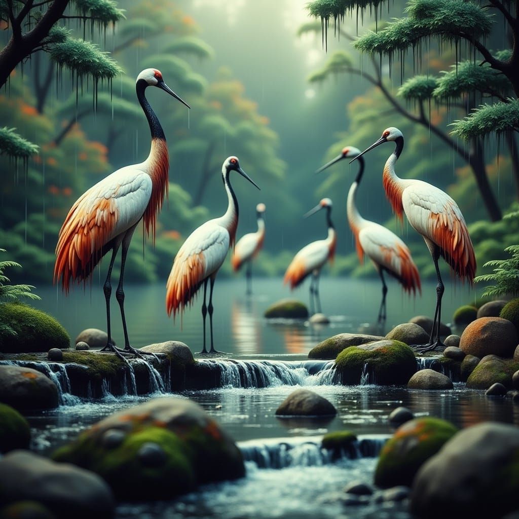 Cranes in Japanese Garden: Dripping Oil Style
