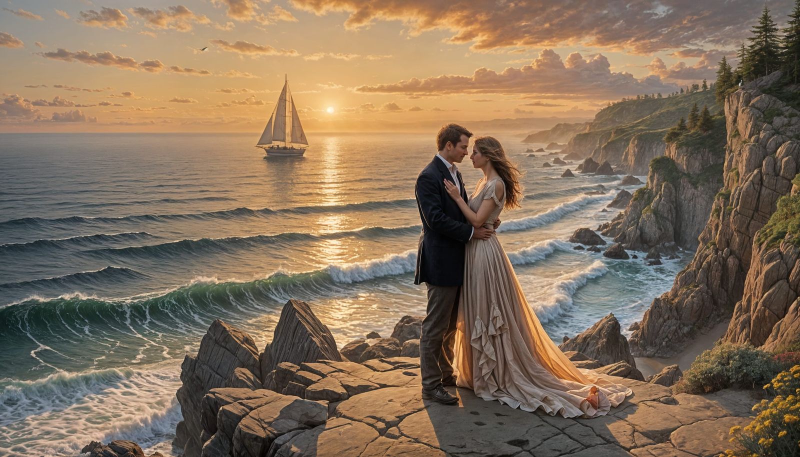 Romantic Cliffside Sunset Scene