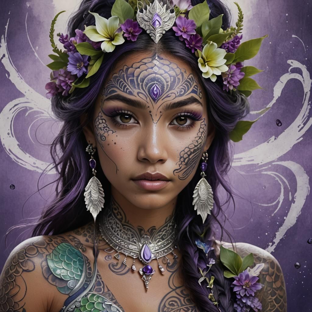 Filipina Mermaid with Māori Tattoo in Fantasy Art