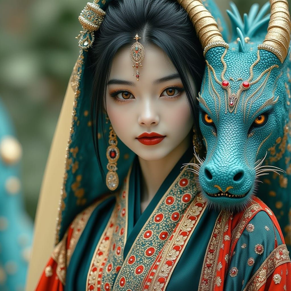 Ethereal Korean Princess Stands with Majestic Dragon in Vibr...