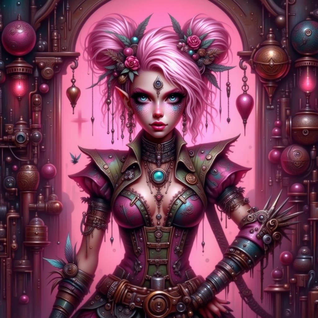 Muscular Drow Punk Dancer with Steampunk Engine