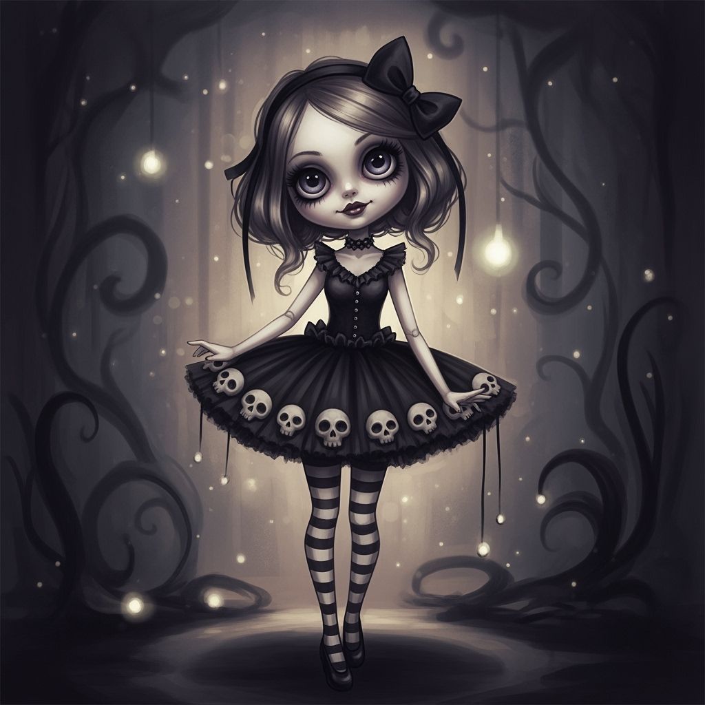 Creepy Cute Doll in Tutu and Skull Accents
