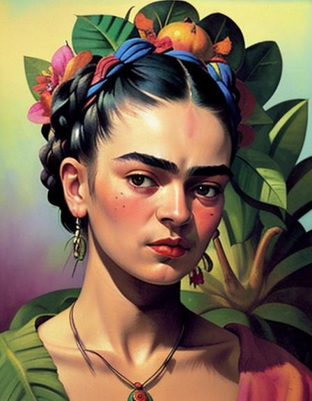 Frida Kahlo in the jungle with passion fruit