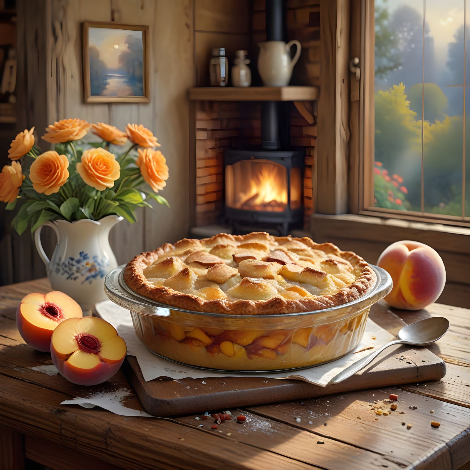 Warm Summer Peach Cobbler with Cinnamon in a Cozy Impression...